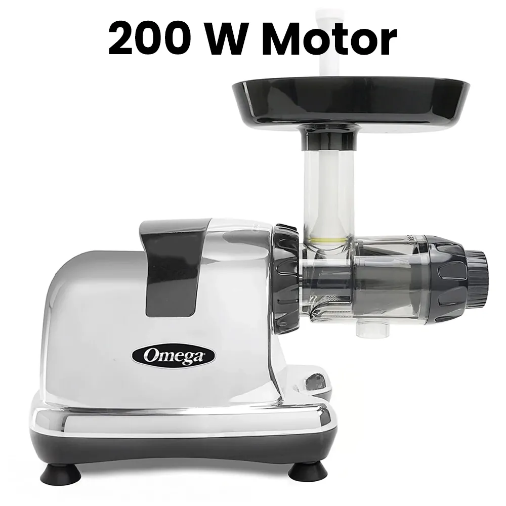 Omega Juicer chrome cold press juicer with sleek vertical design, perfect for fresh nutrient-rich juice preparation at home or in cafés.