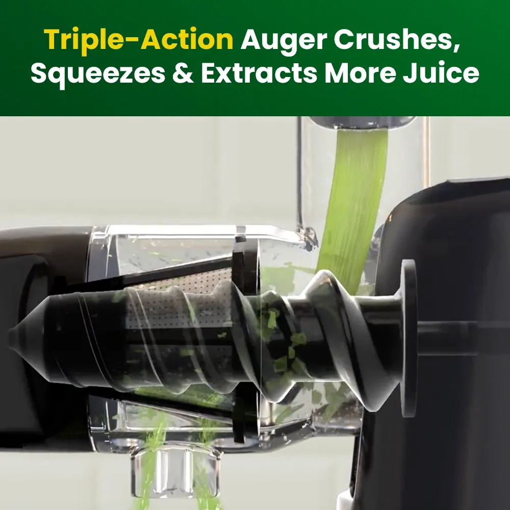 Omega Juicer chrome cold press juicer with sleek vertical design, perfect for fresh nutrient-rich juice preparation at home or in cafés.
