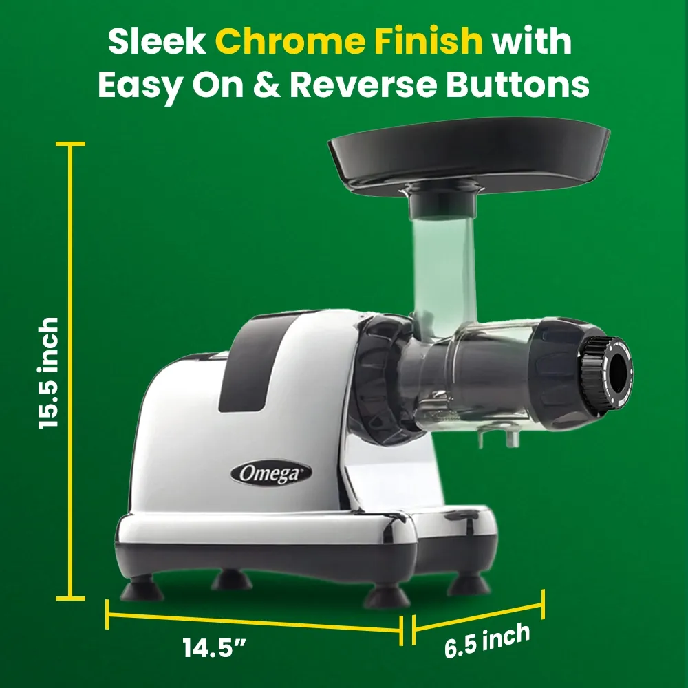 Omega Juicer chrome cold press juicer with sleek vertical design, perfect for fresh nutrient-rich juice preparation at home or in cafés.