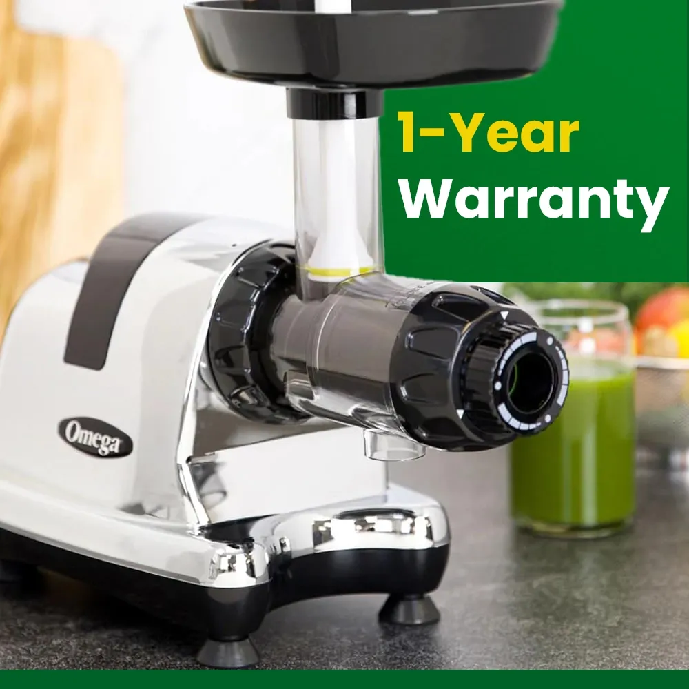 Omega Juicer chrome cold press juicer with sleek vertical design, perfect for fresh nutrient-rich juice preparation at home or in cafés.