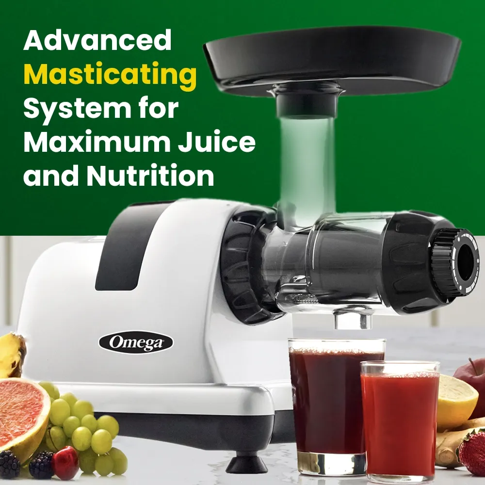 Omega Juicer chrome cold press juicer with sleek vertical design, perfect for fresh nutrient-rich juice preparation at home or in cafés.