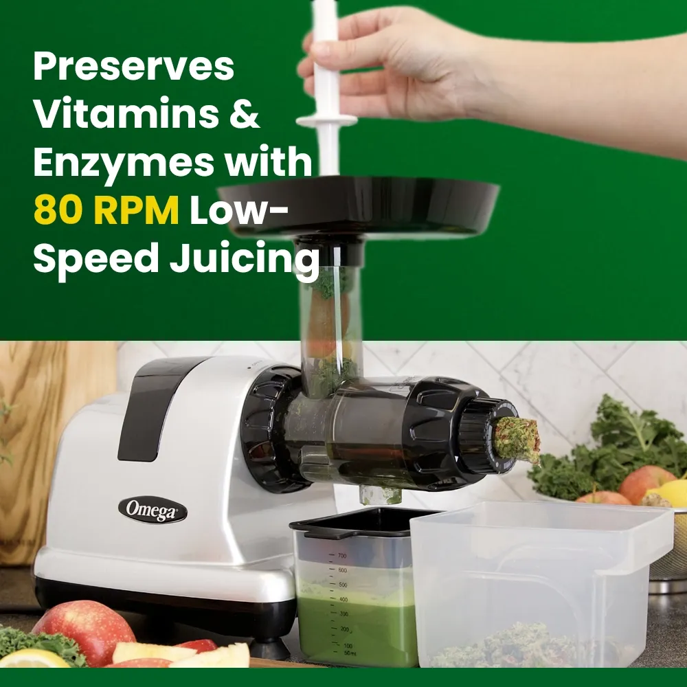 Omega Juicer chrome cold press juicer with sleek vertical design, perfect for fresh nutrient-rich juice preparation at home or in cafés.