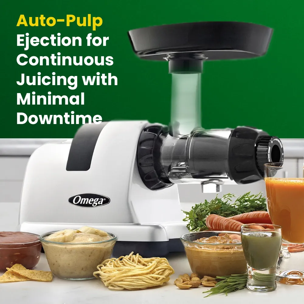 Omega Juicer chrome cold press juicer with sleek vertical design, perfect for fresh nutrient-rich juice preparation at home or in cafés.