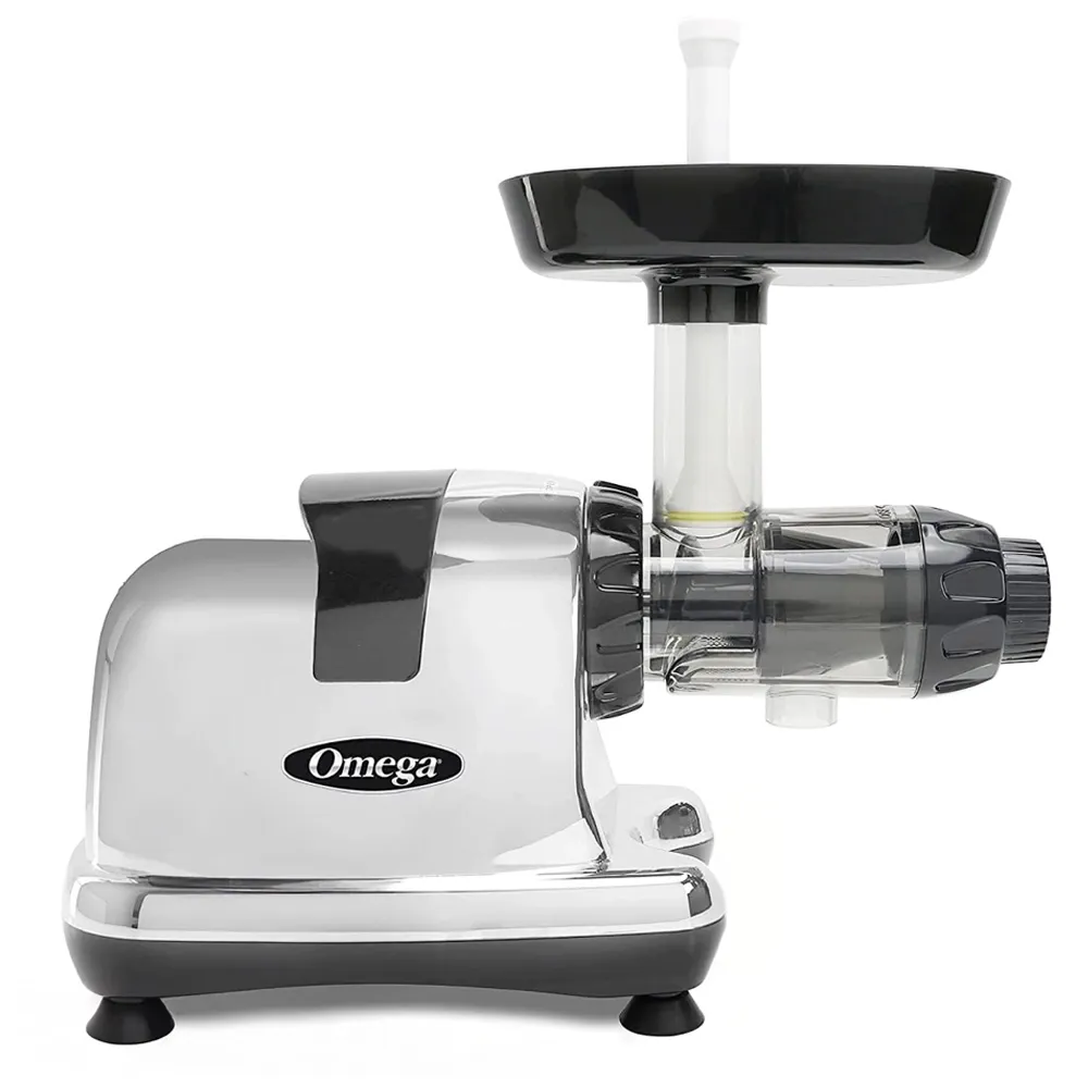 Omega Juicer chrome cold press juicer with sleek vertical design, perfect for fresh nutrient-rich juice preparation at home or in cafés.