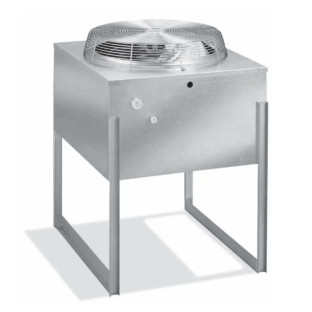 Manitowoc air-cooled remote condenser with top discharge, rugged stainless body, quiet fan, space-saving mount, built-in valves, efficient operation.