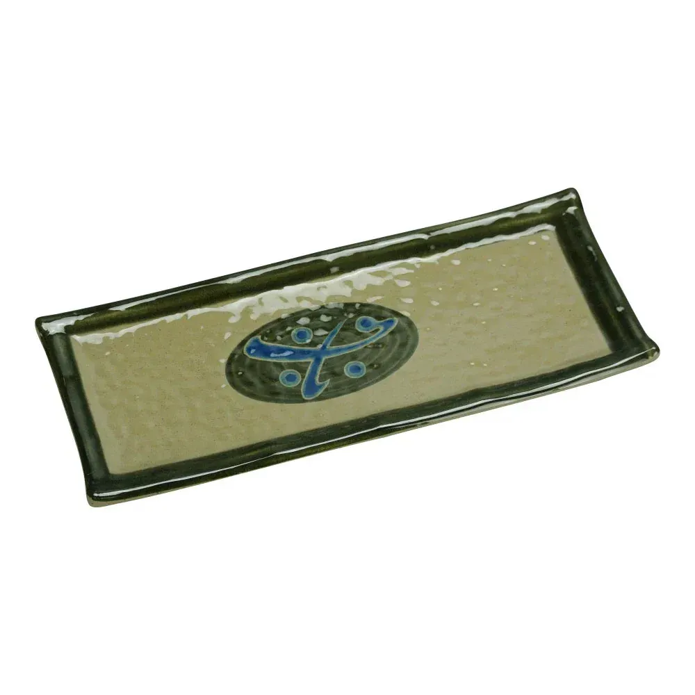 Yanco China sophisticated rectangular plate in sand melamine, perfect for sushi, sashimi, or modern plated dishes in refined restaurant settings.