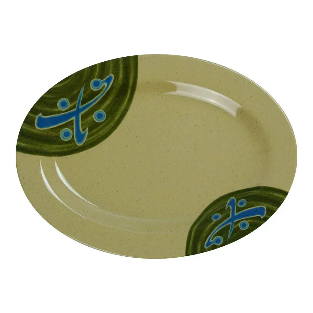Yanco China medium sand melamine oval plate for sushi rolls or appetizers, with smooth curved edges and neutral tone highlighting vibrant colors.