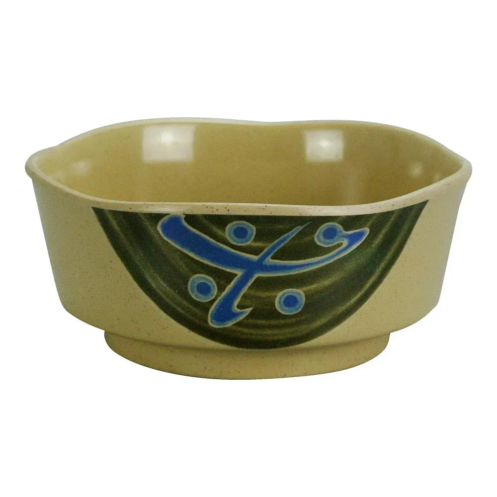 Yanco China versatile sand melamine soup bowl for ramen or udon in Japanese restaurants, with deep walls to prevent spills and ample capacity.