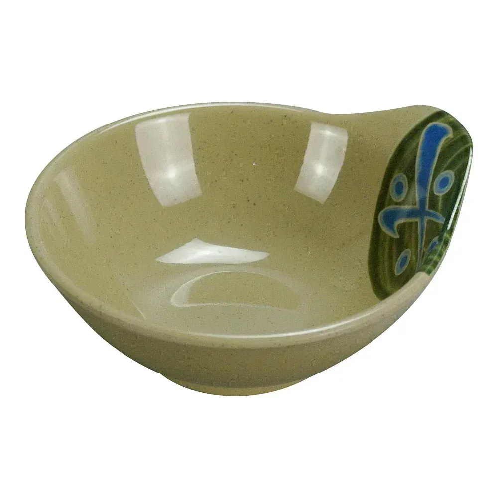 Yanco China handled sand melamine sauce bowl for easy pouring of dressings or broths, with comfortable grip handle and stable flat base design.