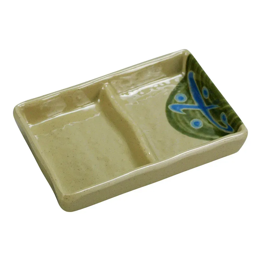 Yanco China divided sand melamine sauce dish for dual condiments in modern Japanese service, with equal compartments and smooth pouring lips.