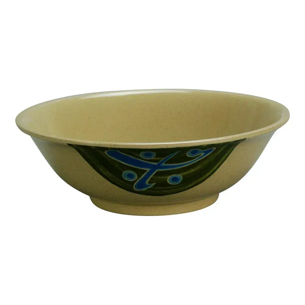 Yanco China small sand melamine soup bowl for appetizers and broths in casual dining, stackable design for efficient restaurant storage solutions.