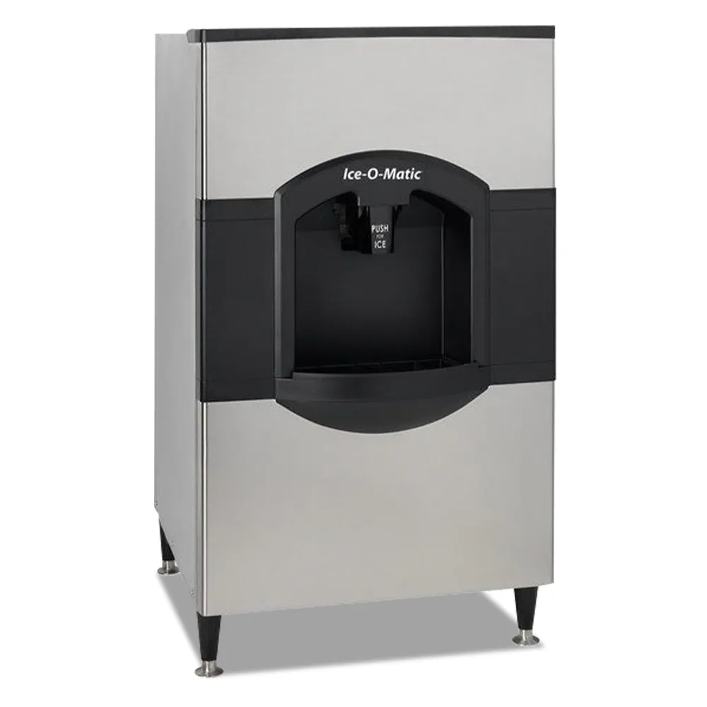 Ice-O-Matic floor model water cube ice dispenser with built-in storage, ideal for easy ice access in restaurants, bars, and cafes.