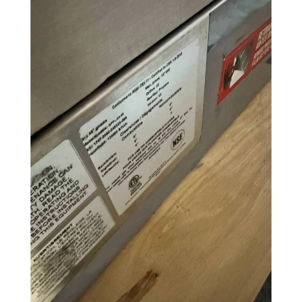 Used 48" Gas Griddle, 1/2" Plate, 4 Burners, 120000 BTU, Liquid Propane, 1 Year Warranty