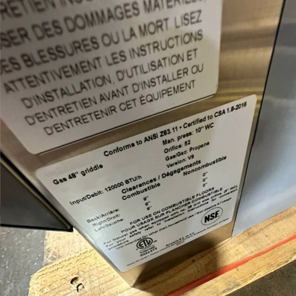 Used 48" Gas Griddle, 3/4" Plate, 2 Burners, 70000 BTU, Liquid Propane, 1 Year Warranty