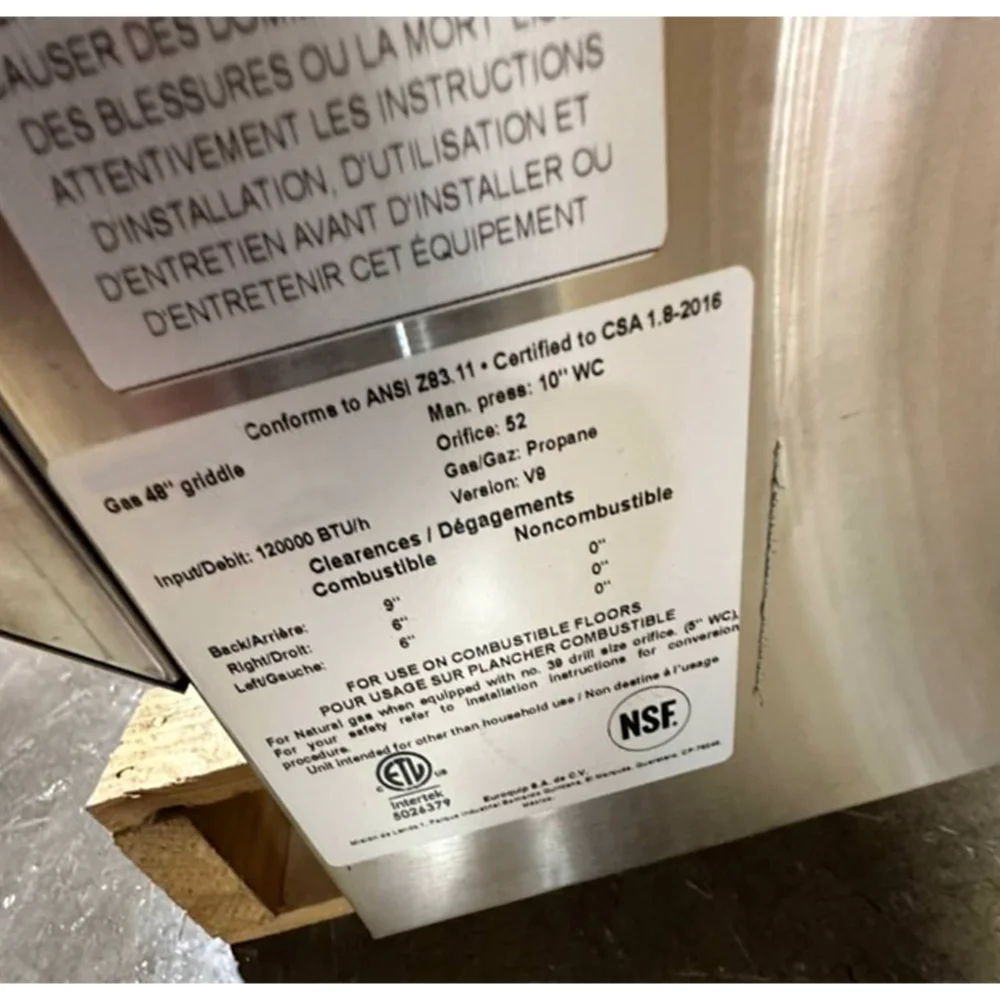 Used 48" Gas Griddle, 3/4" Plate, 2 Burners, 70000 BTU, Liquid Propane, 1 Year Warranty