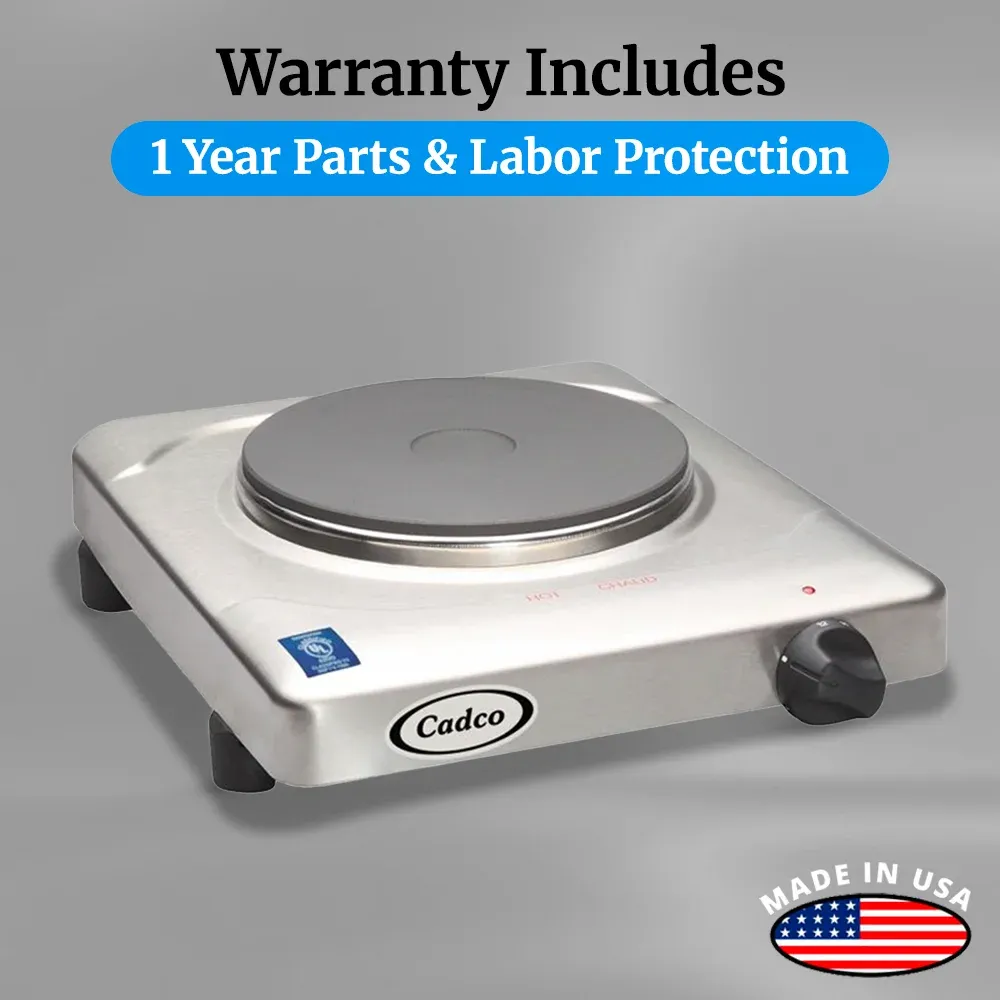 Cadco sleek stainless steel single burner hot plate with cast iron element delivers dependable heat for small spaces, pop-ups, or office pantries.