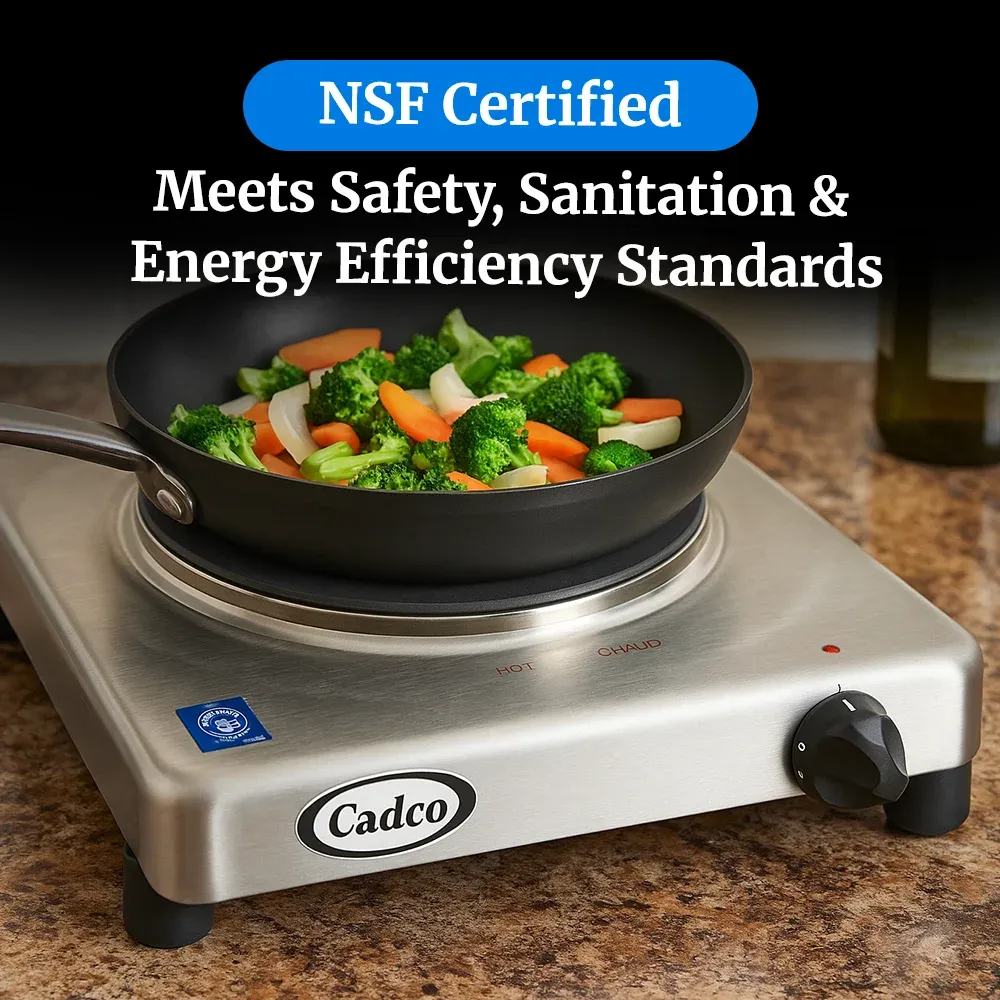 Cadco sleek stainless steel single burner hot plate with cast iron element delivers dependable heat for small spaces, pop-ups, or office pantries.