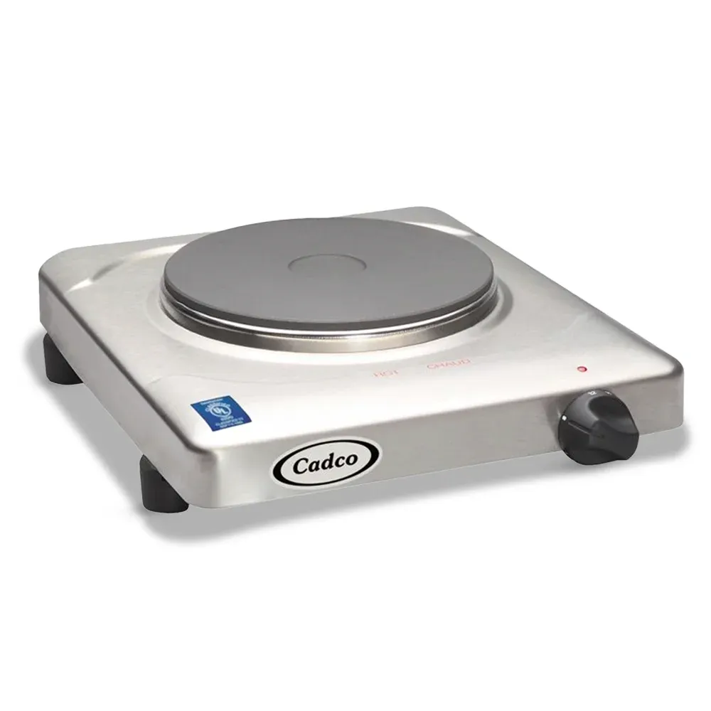 Cadco sleek stainless steel single burner hot plate with cast iron element delivers dependable heat for small spaces, pop-ups, or office pantries.