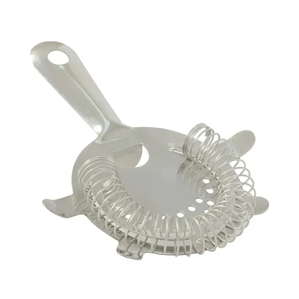 CAC China stainless steel Hawthorne strainer with four prongs, fits shaker tins securely, ensuring accurate cocktail pouring every time.