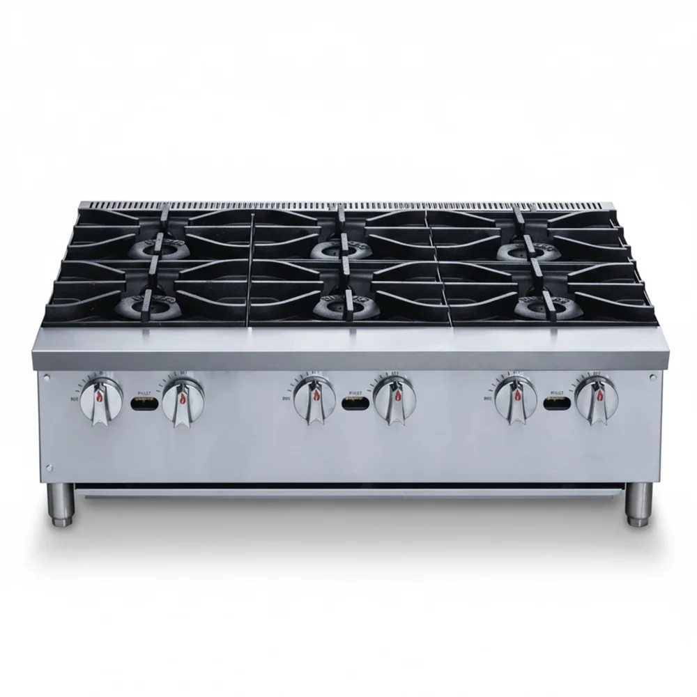 KitchenCore Series 36" Countertop Gas Hot Plate, 6 Burners, 168,000 BTU - Convertible