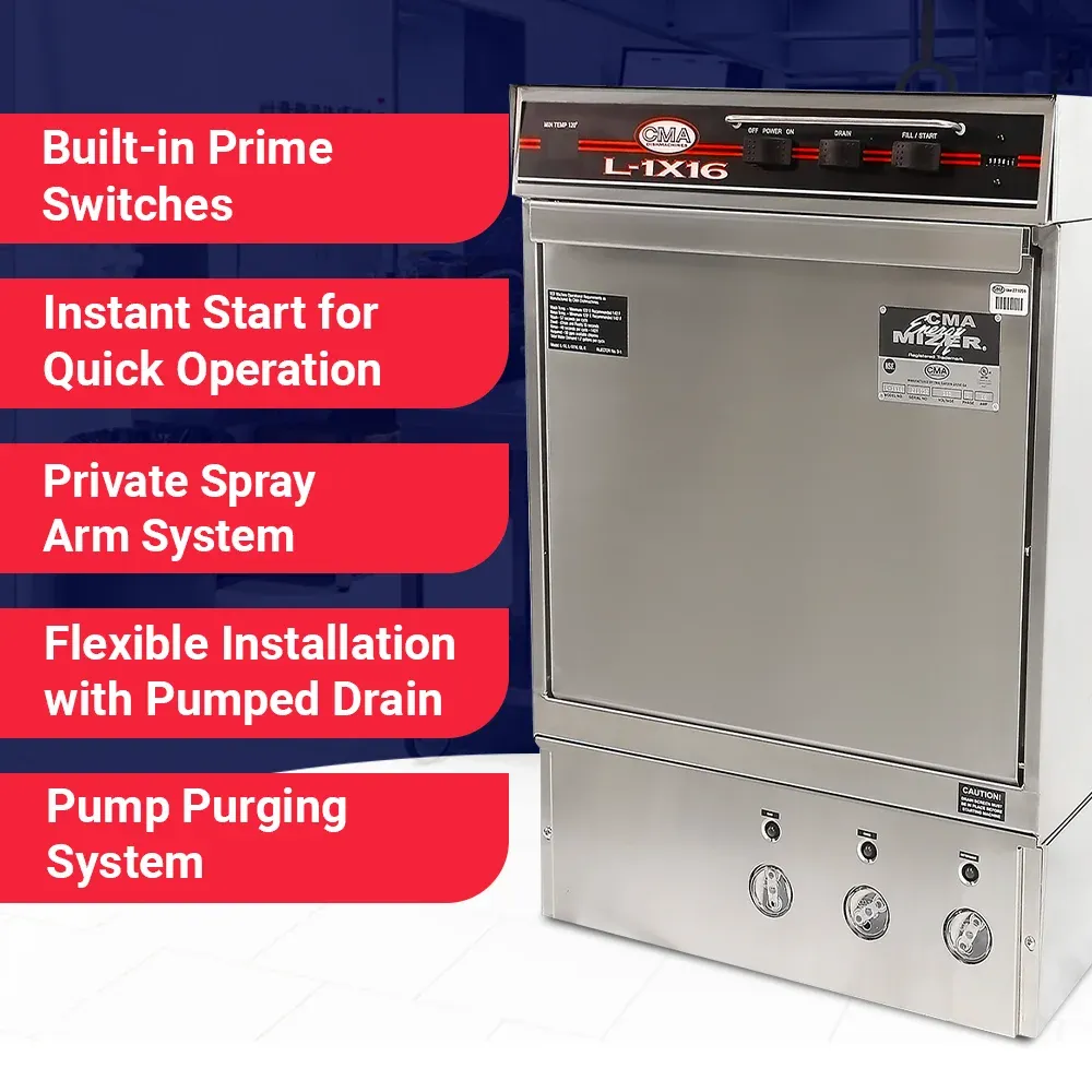 Low-temp CMA undercounter dishwasher with heater for hotel kitchenscompact design sanitizes glassware efficiently while conserving water and energy.