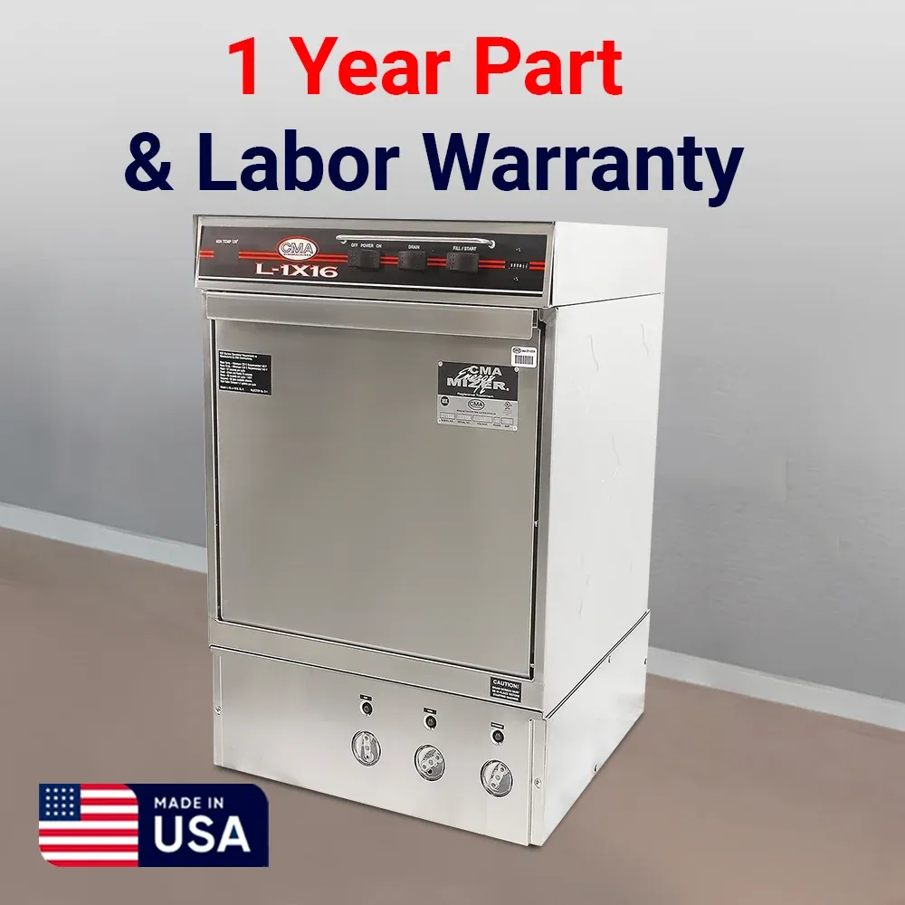 Low-temp CMA undercounter dishwasher with heater for hotel kitchenscompact design sanitizes glassware efficiently while conserving water and energy.