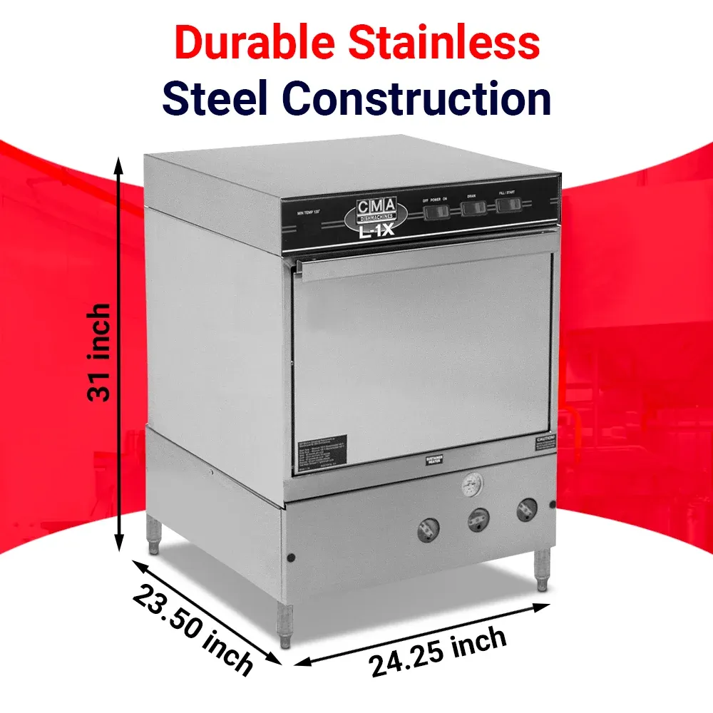 Low-temp CMA undercounter dishwasher with heater ideal for small restaurants and cafescompact, quiet design delivers reliable low-temp sanitizing.