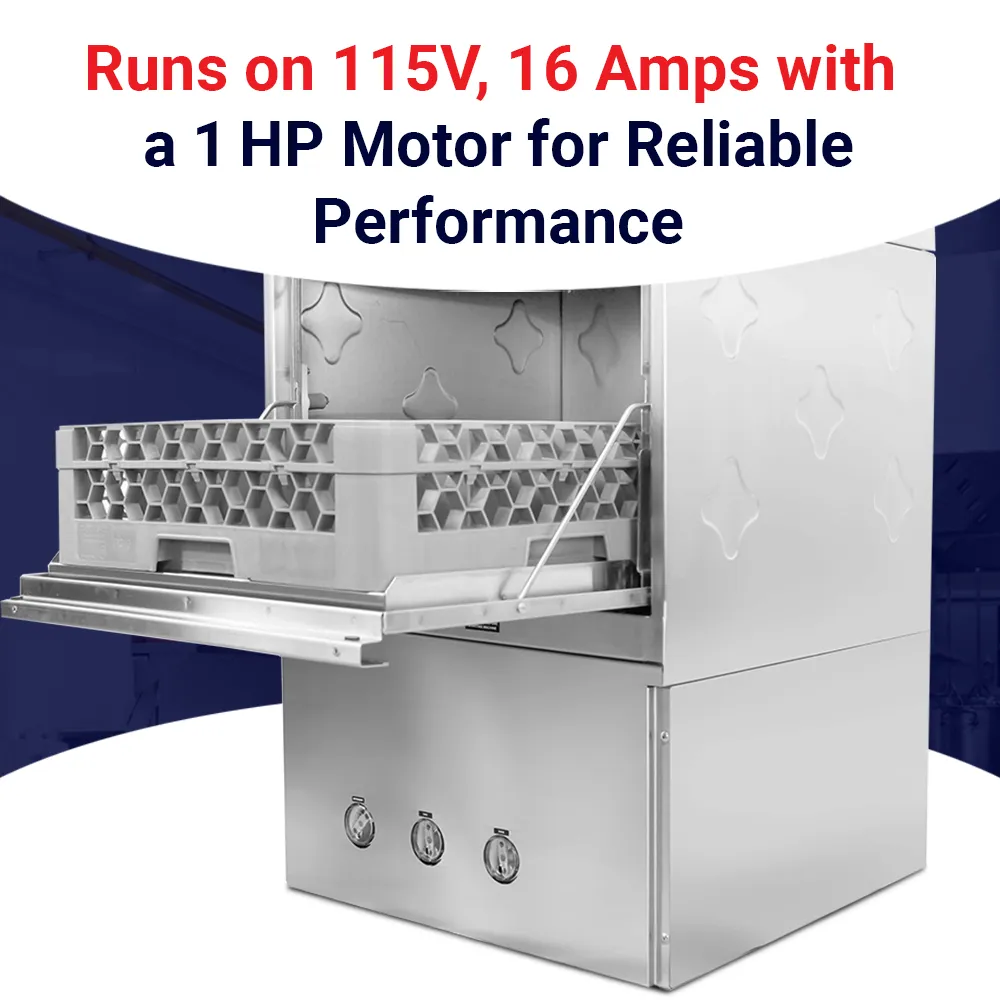 Low-temp energy-efficient CMA undercounter dishwasher with heater for eco-conscious cafes and water-saving for daily glassware cleaning.