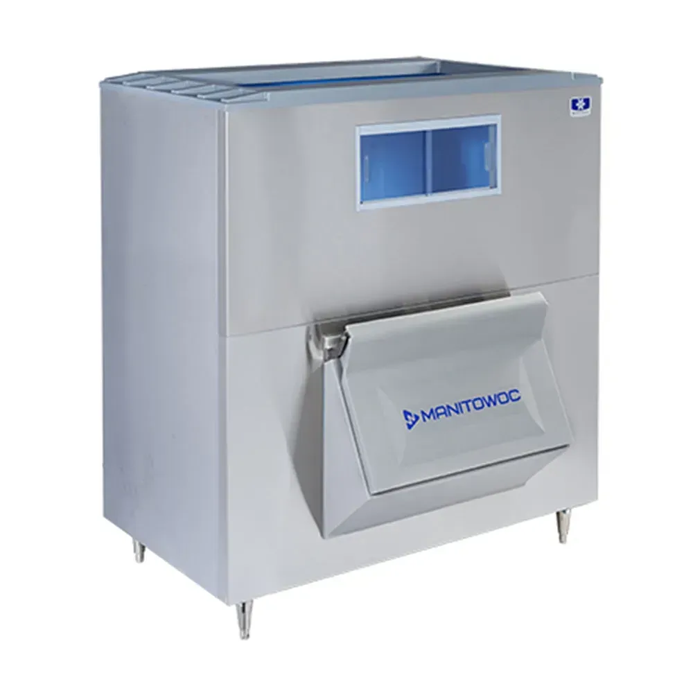 Manitowoc ice storage bin with stainless steel body and clear viewing window for large-capacity ice storage in restaurants, cafés, and hotel kitchens.
