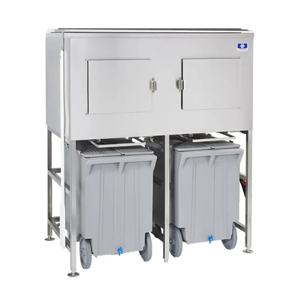 Manitowoc mobile ice storage bin cart system with dual waste containers and stainless steel construction for commercial food service operations.