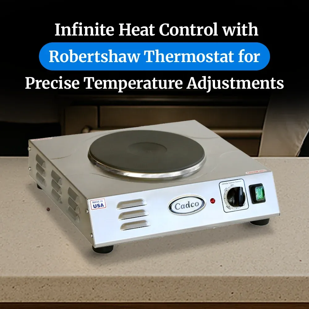 Cadco stainless steel single burner hot plate with large cast iron element provides even heat distribution for big pans and heavy cooking loads.