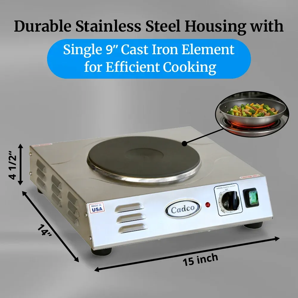 Cadco stainless steel single burner hot plate with large cast iron element provides even heat distribution for big pans and heavy cooking loads.