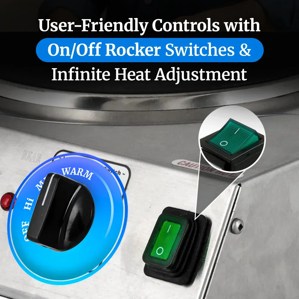 Cadco stainless steel single burner hot plate with large cast iron element provides even heat distribution for big pans and heavy cooking loads.