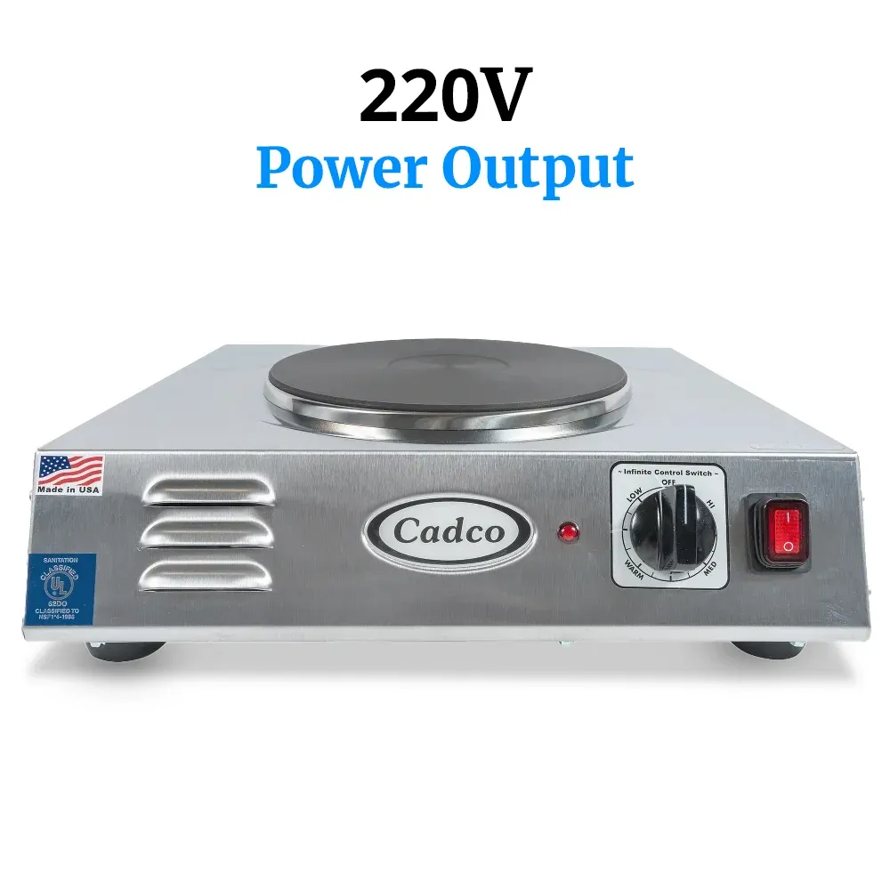 Cadco stainless steel single burner hot plate with large cast iron element provides even heat distribution for big pans and heavy cooking loads.