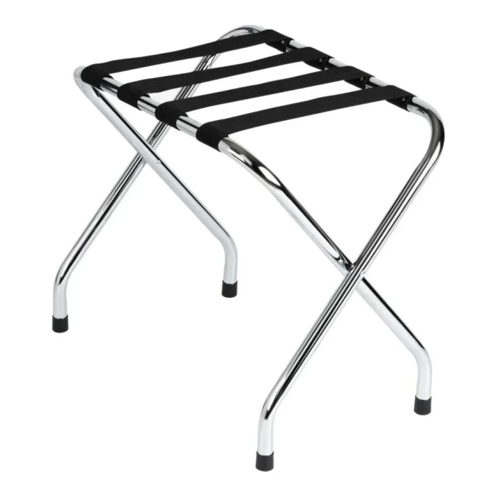 Hospitality 1 Source luggage rack with chrome finish, delivering reliable luggage storage and sleek appearance for hotel guest rooms or travel use.