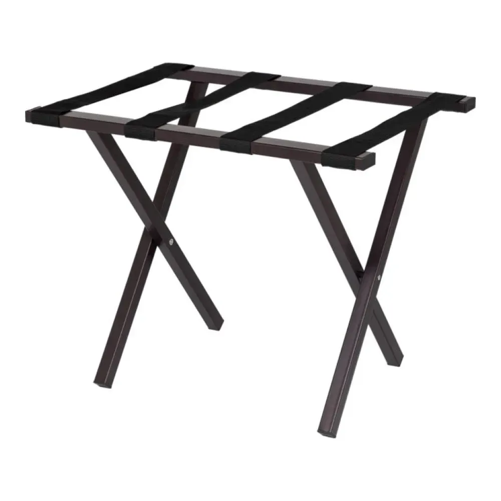 A metropolitan style Hospitality 1 Source luggage rack with brown finish and refined design for hotel guest room luggage storage needs.