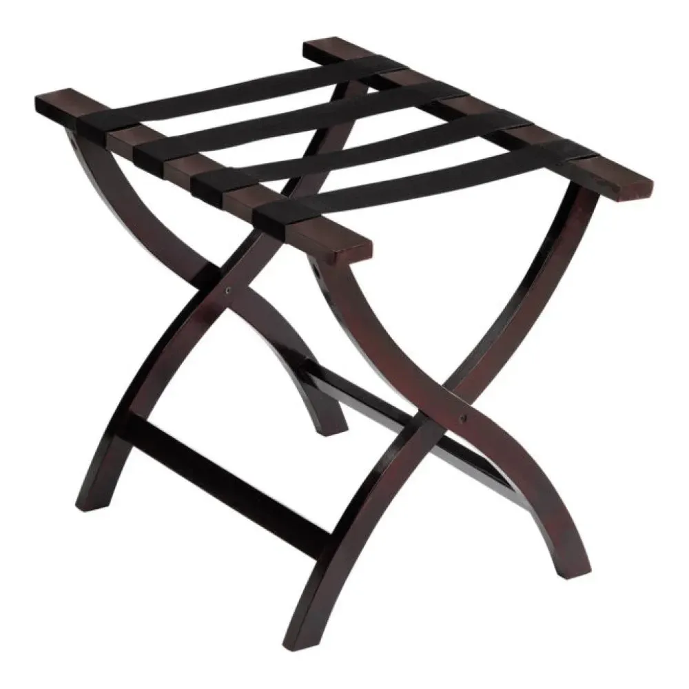 A dark mahogany wooden Hospitality 1 Source luggage rack with contoured design, offering elegant and sturdy luggage storage for hotel guest rooms.