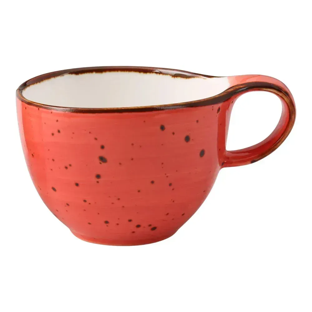 Seven ounce coffee or tea cup with speckled coral reactive glaze by Yanco China, designed with a unique handle for stylish, comfortable sipping.