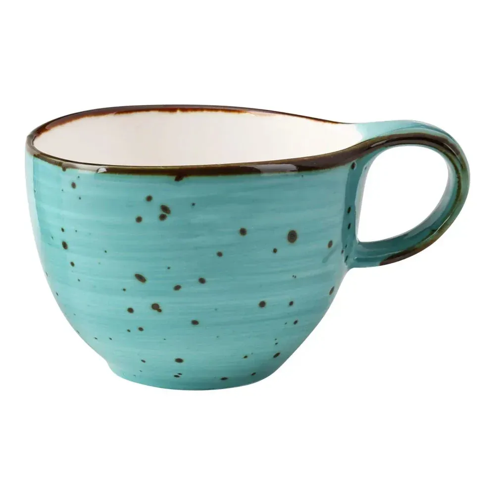 Seven ounce coffee or tea cup with speckled turquoise reactive glaze from Yanco China, offering a stylish grip and artisanal design.