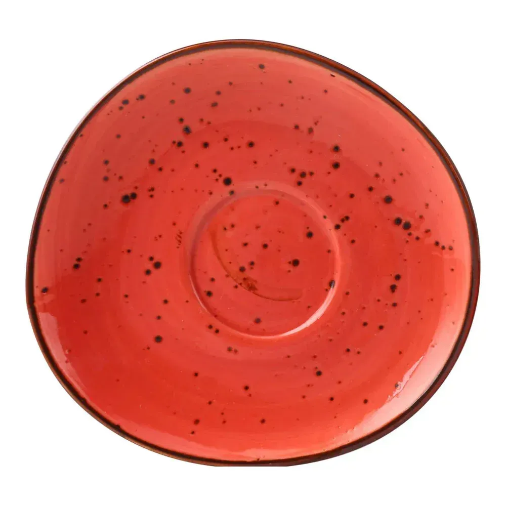 Round saucer with speckled coral reactive glaze from Yanco China, featuring an indented center to pair with a matching warm beverage cup.