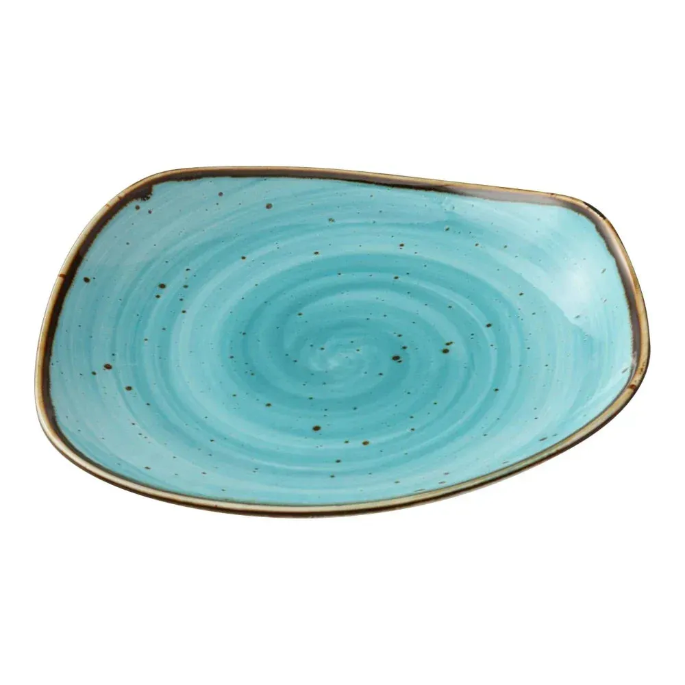 Small freeform coupe plate with swirled turquoise reactive glaze from Yanco China, perfect for artistic presentations of sides or appetizers.