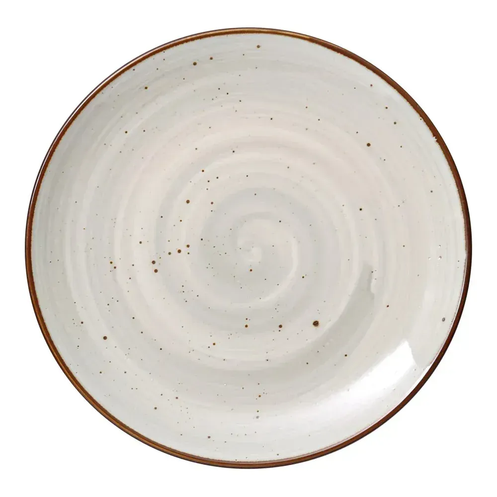 Small round coupe plate from Yanco China with a rustic, speckled glaze and a dark rim, an ideal choice for serving appetizers or desserts with flair.