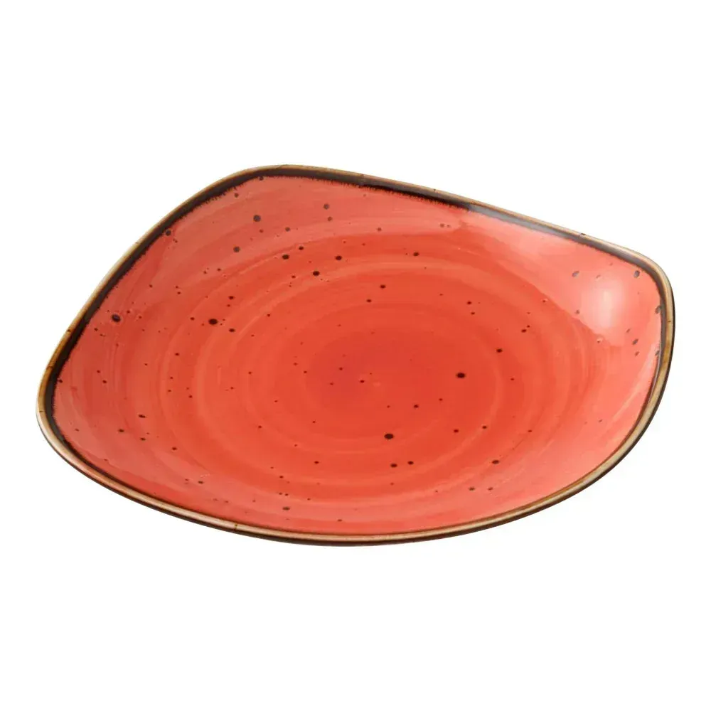 Yanco China trapezoid plate with reactive coral glaze, ideal for modern presentation of appetizers, desserts, or stylish small-course servings.
