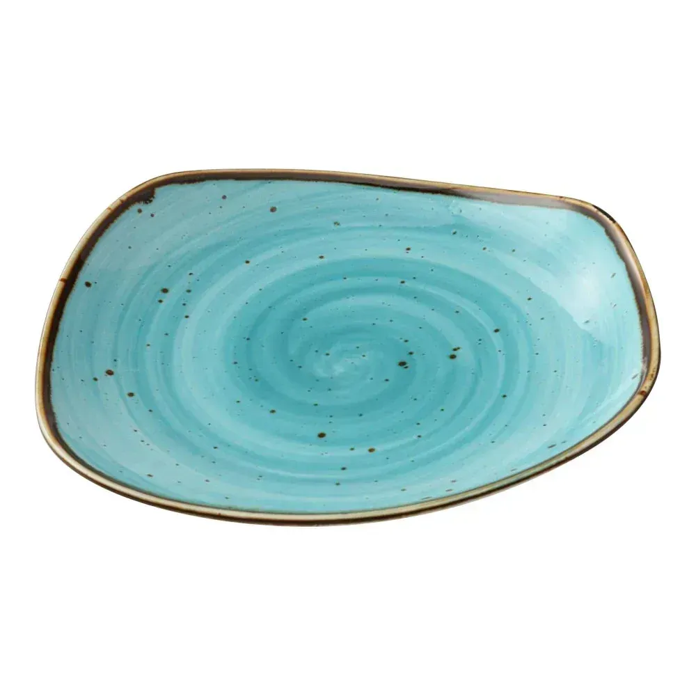 Large ten and a half inch reactive glaze turquoise dinner plate by Yanco China, offering a vibrant, rustic backdrop for main course creations.