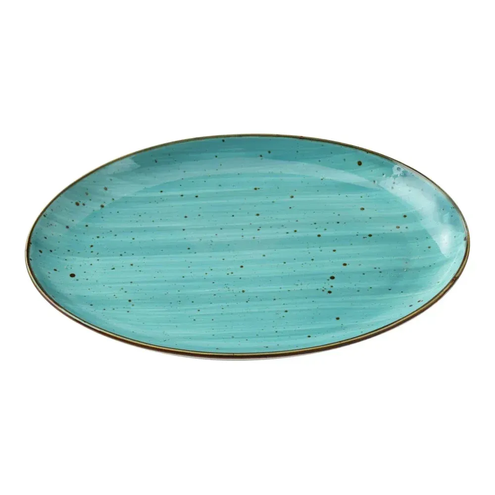 Very small oval coupe dessert platter in rustic turquoise finish from Yanco China, an ideal and charming choice for petite sweets or bread service.