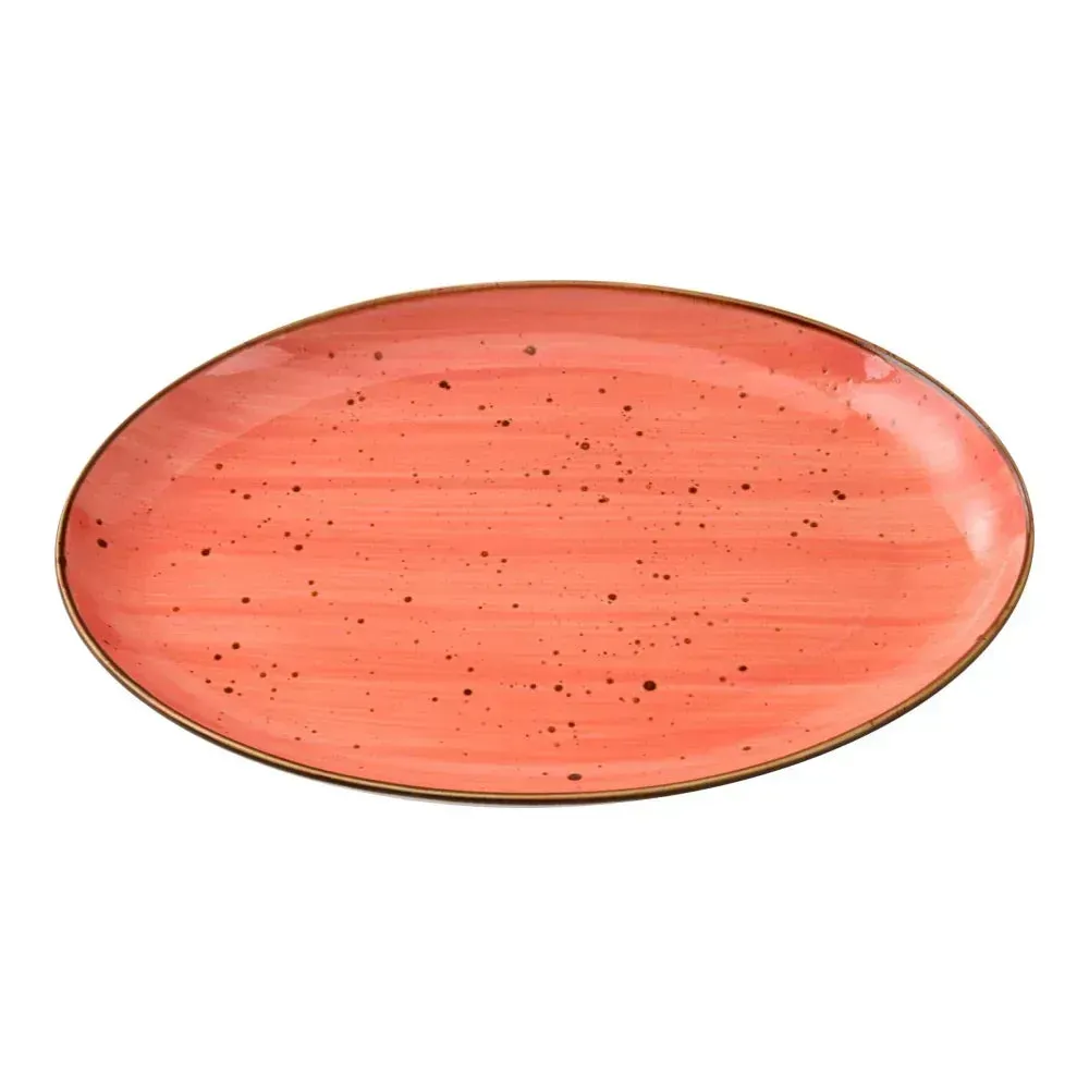 Small oval coupe plate with speckled reactive coral glaze by Yanco China, ideal for individual appetizers, desserts, or side dishes.