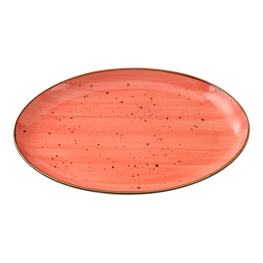 Large oval coupe plate with speckled reactive coral glaze by Yanco China, providing a unique, handcrafted aesthetic for family-style entrees.