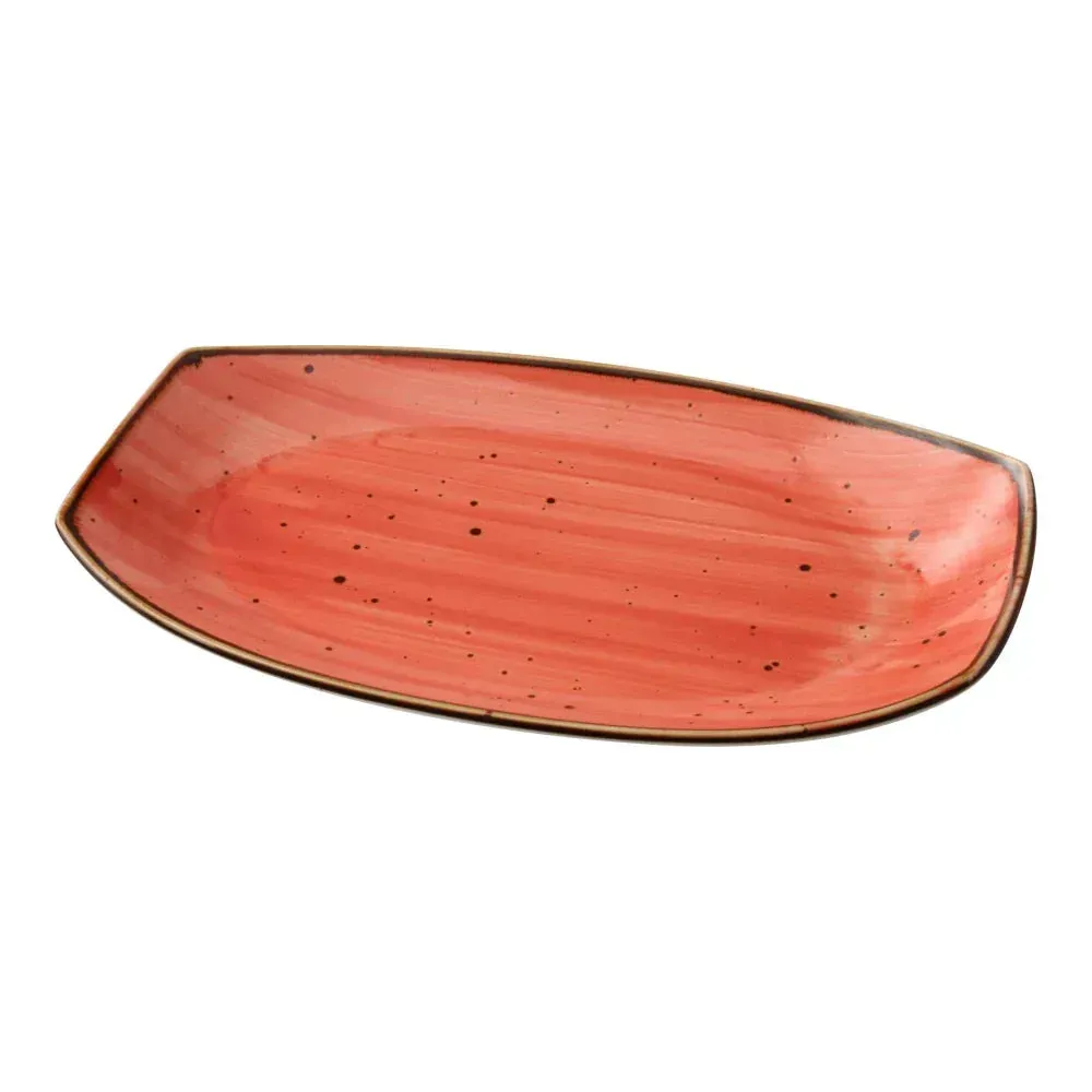 Yanco China rectangular plate with reactive coral glaze, perfect for serving smaller entrees, lunch specials, or elegant appetizer presentations.