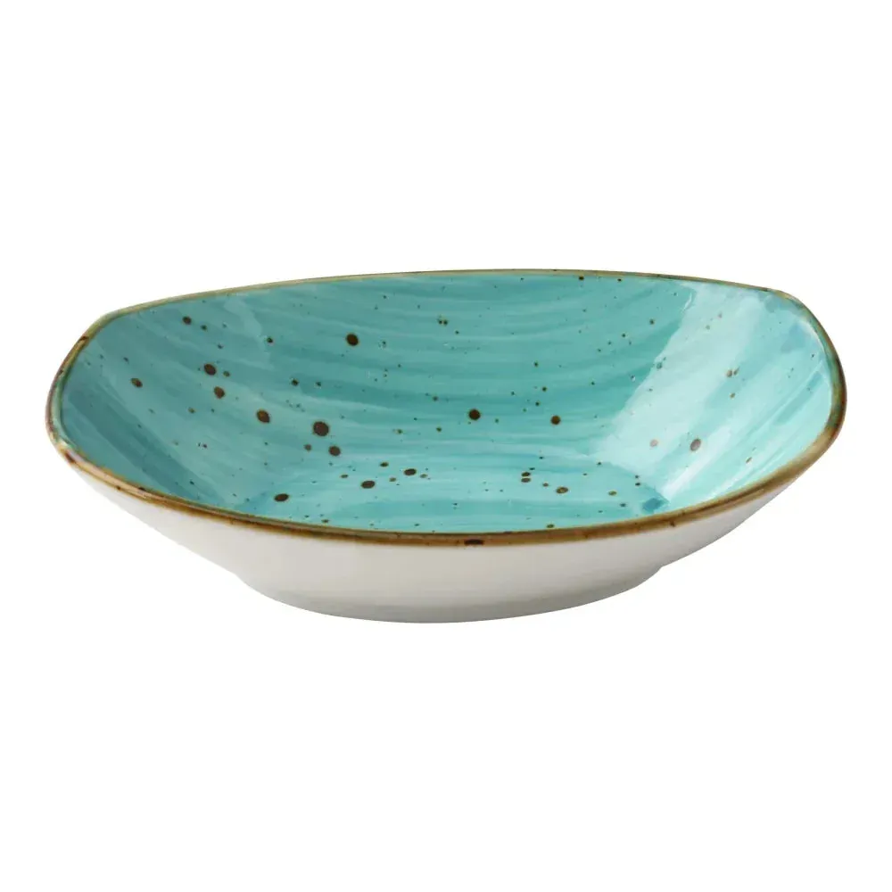 Wide twenty ounce reactive glaze turquoise oval salad bowl by Yanco China, showcasing a handcrafted look perfect for generous salad presentations.