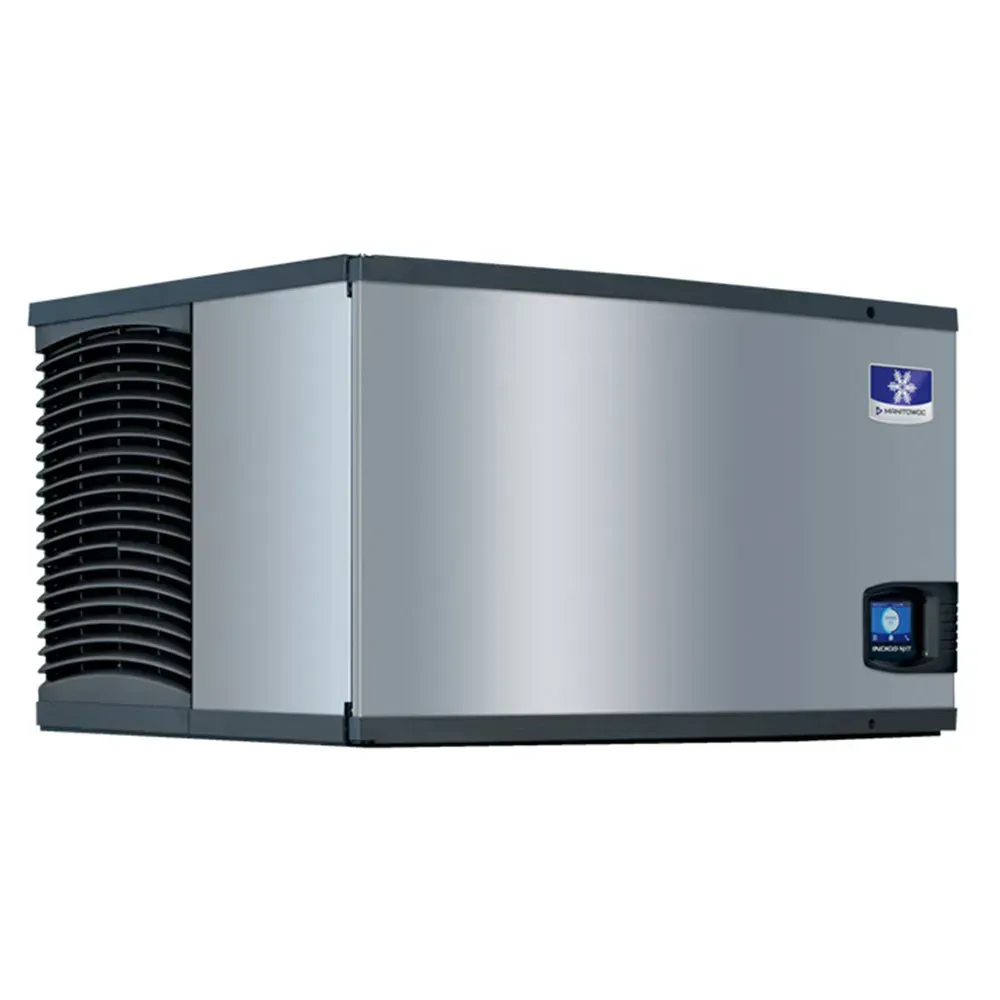 An air-cooled Manitowoc ice machine head delivering half-dice cubes for hotels and restaurants using standard outlet power, ensuring convenience.